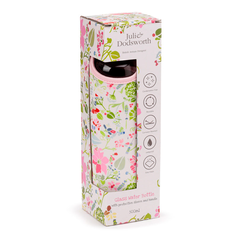 Julie Dodsworth Pink Botanical 500 ml Glass Water Bottle with Protective Sleeve